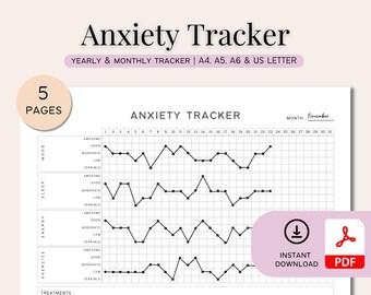 Angst- und Stress-Tracker, Verfolgung von Angstattacken im PDF-Format zum Ausdrucken in A4, A5, A6 und US LETTER