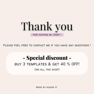 K&ouml;nnte beinhalten: Ein wei&szlig;er Hintergrund mit schwarzem Text, der "Vielen Dank f&uuml;r Ihren Besuch in meinem Shop!" und "Bitte z&ouml;gern Sie nicht, mich zu kontaktieren, wenn Sie Fragen haben!" lautet. Es gibt ein rosa Rechteck mit schwarzem Text, das "Sonderrabatt - Kaufen Sie 3 Vorlagen und erhalten Sie 40% Rabatt! (Auf den gesamten Shop)" sagt.