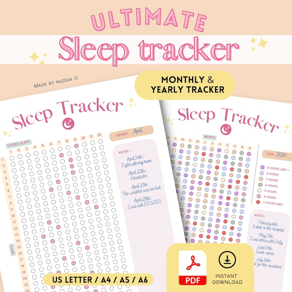 Yearly sleep tracker printable, Sleep quality journal, Monthly sleep log, sleeping hours, medical sleep planner PDF - A4, A5, A6, US LETTER