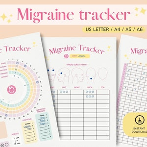Printable migraine tracker - Chronic migraine journal symptom diary - Medical planner PDF - A4, A5, A6, US LETTER