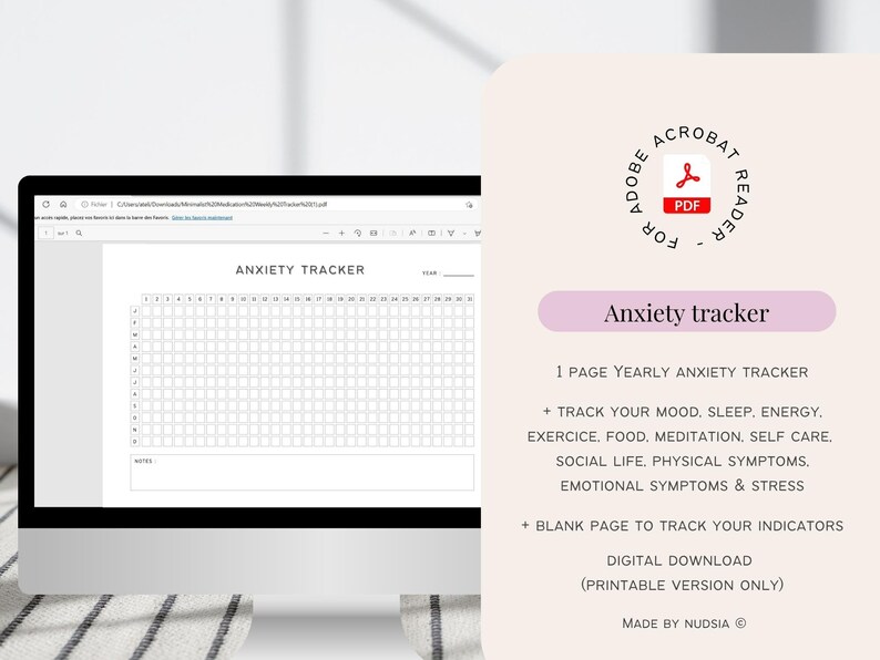 K&ouml;nnte beinhalten: Ein digitaler Download eines druckbaren Angst-Trackers. Der Tracker ist ein einseitiger Jahreskalender mit einer leeren Seite f&uuml;r Notizen. Der Tracker soll Ihnen helfen, Ihre Stimmung, Ihren Schlaf, Ihre Energie, Ihre Bewegung, Ihre Ern&auml;hrung, Ihre Meditation, Ihre Selbstpflege, Ihr soziales Leben, Ihre k&ouml;rperlichen Symptome, Ihre emotionalen Symptome und Ihren Stress zu verfolgen.