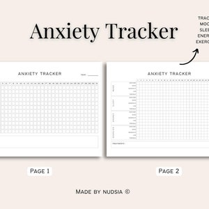K&ouml;nnte beinhalten: Ein druckbarer Angst-Tracker mit zwei Seiten. Die erste Seite ist ein Jahres-Tracker mit einem Raster f&uuml;r jeden Tag des Jahres. Die zweite Seite ist ein Monats-Tracker mit einem Raster f&uuml;r jeden Tag des Monats. Der Tracker ist so konzipiert, dass er Stimmung, Schlaf, Energie und Bewegung verfolgt.