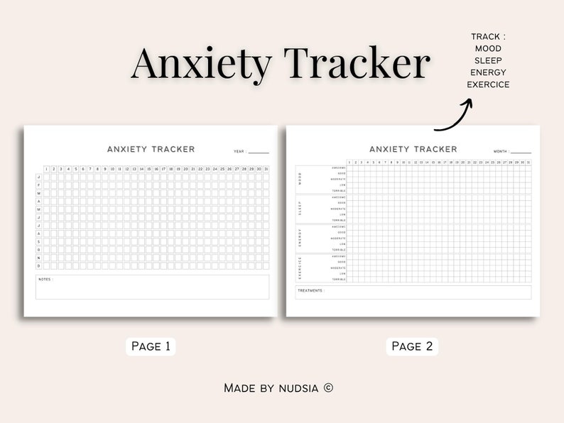 K&ouml;nnte beinhalten: Ein druckbarer Angst-Tracker mit zwei Seiten. Die erste Seite ist ein Jahres-Tracker mit einem Raster f&uuml;r jeden Tag des Jahres. Die zweite Seite ist ein Monats-Tracker mit einem Raster f&uuml;r jeden Tag des Monats. Der Tracker ist so konzipiert, dass er Stimmung, Schlaf, Energie und Bewegung verfolgt.