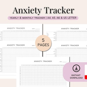 K&ouml;nnte beinhalten: Druckbarer Angst-Tracker im PDF-Format. Der Tracker umfasst f&uuml;nf Seiten zur Verfolgung des Angstniveaus auf monatlicher und j&auml;hrlicher Basis. Der Text "Anxiety Tracker" ist oben auf jeder Seite gedruckt.