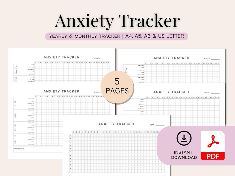 K&ouml;nnte beinhalten: Druckbarer Angst-Tracker im PDF-Format. Der Tracker umfasst f&uuml;nf Seiten zur Verfolgung des Angstniveaus auf monatlicher und j&auml;hrlicher Basis. Der Text "Anxiety Tracker" ist oben auf jeder Seite gedruckt.