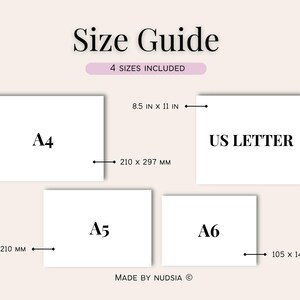 K&ouml;nnte beinhalten: Eine Gr&ouml;&szlig;en&uuml;bersicht f&uuml;r druckbare Papierformate, einschlie&szlig;lich A4, A5, A6 und US Letter. Die &Uuml;bersicht zeigt die Abmessungen in Zoll und Millimetern.