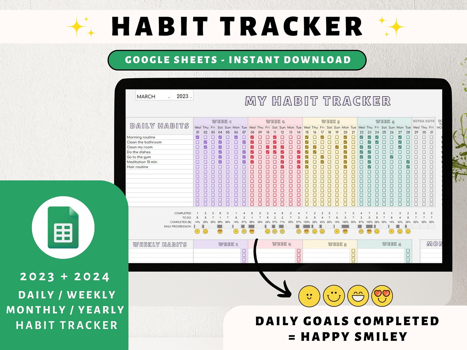 Habit Tracker Spreadsheet, Yearly Habit Tracker Printable on GOOGLE