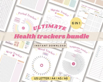 Health bundle tracker, medical journal bundle, food sensitivity journal, pain and symptoms tracker, mood sleep and period tracker