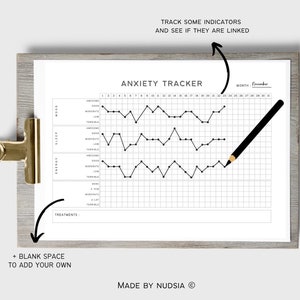 K&ouml;nnte beinhalten: Ein schwarz-wei&szlig;er druckbarer Angst-Tracker mit einem Raster und Linien zum Verfolgen von Stimmung, Schlaf, Energie und Behandlungen. Der Tracker verf&uuml;gt &uuml;ber einen Bereich zum Hinzuf&uuml;gen von Notizen und einen Platz zum Hinzuf&uuml;gen eigener Indikatoren. Der Text "ANXIETY TRACKER" befindet sich oben auf der Seite. Der Text "MADE BY NUDSIA" befindet sich unten auf der Seite.