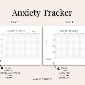 K&ouml;nnte beinhalten: Zwei schwarz-wei&szlig;e druckbare Seiten f&uuml;r einen Angst-Tracker. Die erste Seite ist mit "Seite 3" und die zweite Seite mit "Seite 4" beschriftet. Beide Seiten haben ein Raster mit den Worten "ANXIETY TRACKER" und "MONTH" oben. Die erste Seite hat die Worte "TRACK: PHYSICAL & EMOTIONAL SYMPTOMS STRESS + BLANK" unten. Die zweite Seite hat die Worte "TRACK: FOOD MEDITATION SELF CARE SOCIAL LIFE" unten. Beide Seiten haben das Wort "TREATMENTS" unten links.