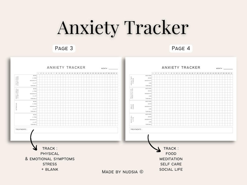 K&ouml;nnte beinhalten: Zwei schwarz-wei&szlig;e druckbare Seiten f&uuml;r einen Angst-Tracker. Die erste Seite ist mit "Seite 3" und die zweite Seite mit "Seite 4" beschriftet. Beide Seiten haben ein Raster mit den Worten "ANXIETY TRACKER" und "MONTH" oben. Die erste Seite hat die Worte "TRACK: PHYSICAL & EMOTIONAL SYMPTOMS STRESS + BLANK" unten. Die zweite Seite hat die Worte "TRACK: FOOD MEDITATION SELF CARE SOCIAL LIFE" unten. Beide Seiten haben das Wort "TREATMENTS" unten links.
