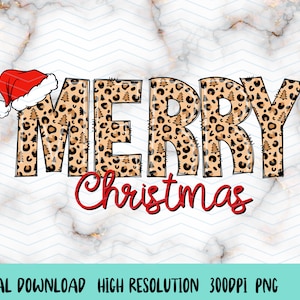 Leopard Print Merry Christmas met kerstmuts, Merry Christmas png, Christmas PNG Digital Design, Holiday Sublimation Design Download