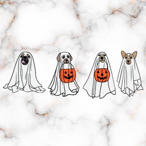May include: Four dogs dressed as ghosts for Halloween. Each dog is wearing a white sheet with a face cutout. Two of the dogs are holding orange jack-o'-lantern buckets.