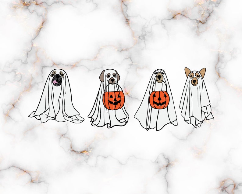 May include: Four dogs dressed as ghosts for Halloween. Each dog is wearing a white sheet with a face cutout. Two of the dogs are holding orange jack-o'-lantern buckets.
