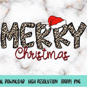 Leopard Print Merry Christmas met kerstmuts, Merry Christmas png, Christmas PNG Digital Design, Holiday Sublimation Design Download