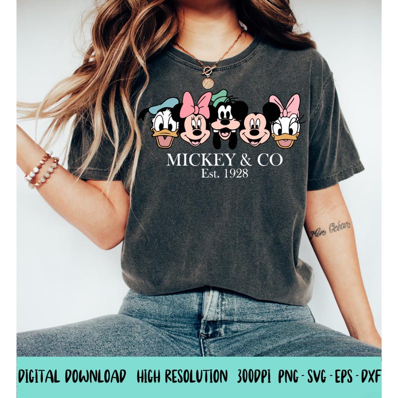 Puede incluir: Una camiseta gris con un gr&aacute;fico de Mickey Mouse, Minnie Mouse, Donald Duck, Goofy y Pluto. El texto "MICKEY & CO Est. 1928" est&aacute; impreso debajo del gr&aacute;fico.