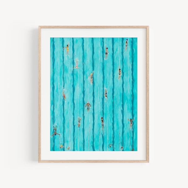 Swimming Pool Art Print: Aerial View Summer Swimmers Wall Decor