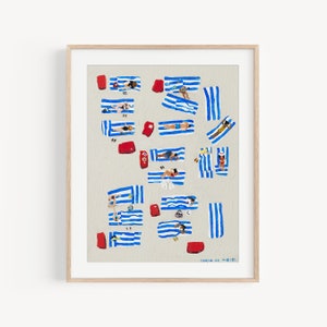 Impresión aérea de playa, láminas costeras, gente en la playa, arte de pared minimalista, decoración de pared de playa neutra, lámina de mar, póster de playa, lámina de arte de verano