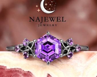 Gothic Celtic Knot Hexagon Cut Amethyst Engagement Ring, Rhodium Black Gold Cluster Wedding Ring Witchy Purple Promise Anniversary Ring Gift