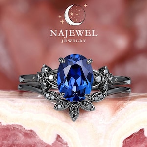 Gothic Oval Shape Blue Sapphire Leaf Engagement Ring , Rhodium Black Gold Cluster Bridal Set, Witchy Twig Promise Wedding Ring for Women