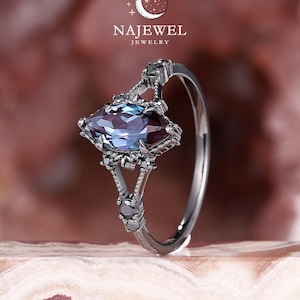 Alexandrite and Black Diamond Gothic Engagement Ring,Marquise Cut Alexandrite Promise Ring, Rhodium Black Gold Witchy Wedding Ring for Her