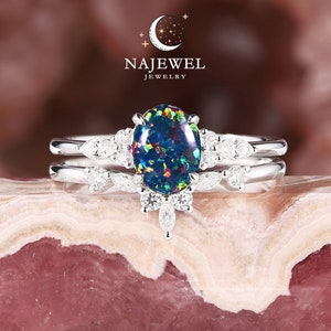 Platinum Black Fire Opal Engagement Ring Set, Unique Multi Fire Opal Bridal Set, Vintage October Birthstone Wedding Promise Ring for Women