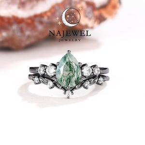 Nature Inspired Pear Cut Moss Agate Engagement Ring Rhodium Black Gold Vine Branch Bridal Set Gothic Handmade Wedding Promise Ring for Women