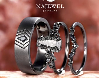Coffin Cut Black Rutilated Quartz His and Hers Wedding Bands Twig Leaf Couple Ring Gothic Black Gold Engagement Ring Witchy Anniversary Ring