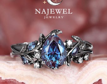 Black Gold Pear Alexandrite Leaf Engagement Ring, Rhodium Black Twig Leaf June Birthstone Witchy Promise Ring for Her, Nature Inspired Ring