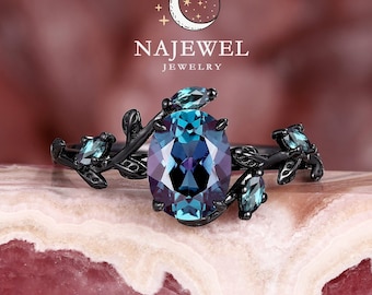 Gothic Oval Cut Alexandrite Engagement Ring Rhodium Black Gold June Birthstone Wedding Ring Nature Inspired Vine Branch Witchy Promise Ring