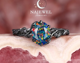 Gothic Oval Facet Black Opal Engagement Ring, Rhodium Black Gold Multi Fire Opal Promise Ring, Mix Fire Opal Witchy Wedding Ring for Women