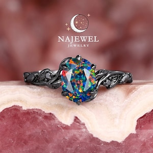 Gothic Oval Facet Schwarz Opal Verlobungsring, Rhodium Schwarz Gold Multi Feuer Opal Versprechen Ring, Mix Feueropal Witchy Ehering für Frauen