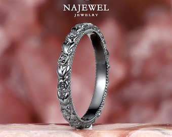Gothic Black gold Leaf Engagement Ring, Rhodium Black Flower Promise Ring, Gothic Wedding Ring, Milgrain Band, Dark Matching Band for Women