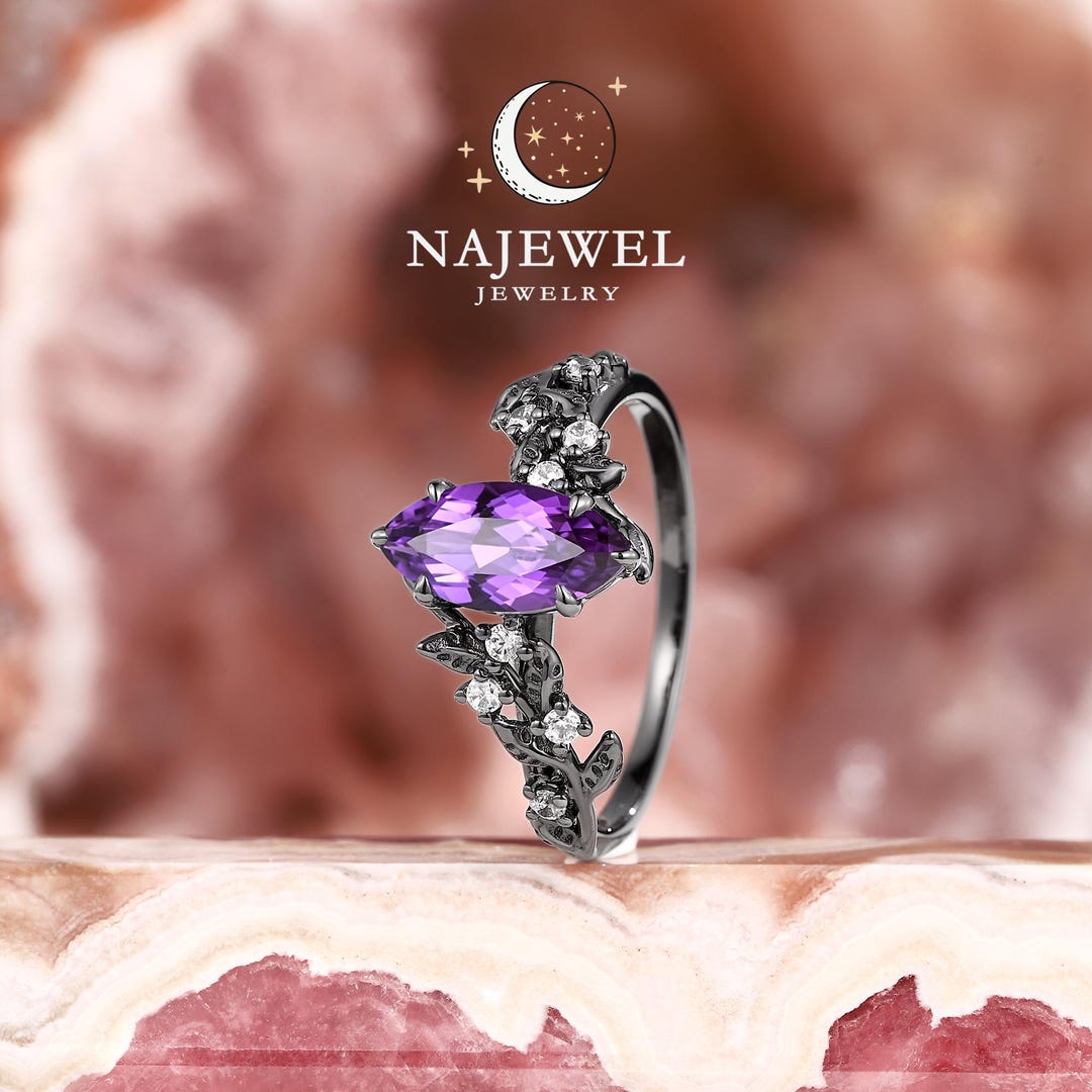 Gothic Marquise Cut Purple Sapphire Engagement Ring Black Gold Lab ...