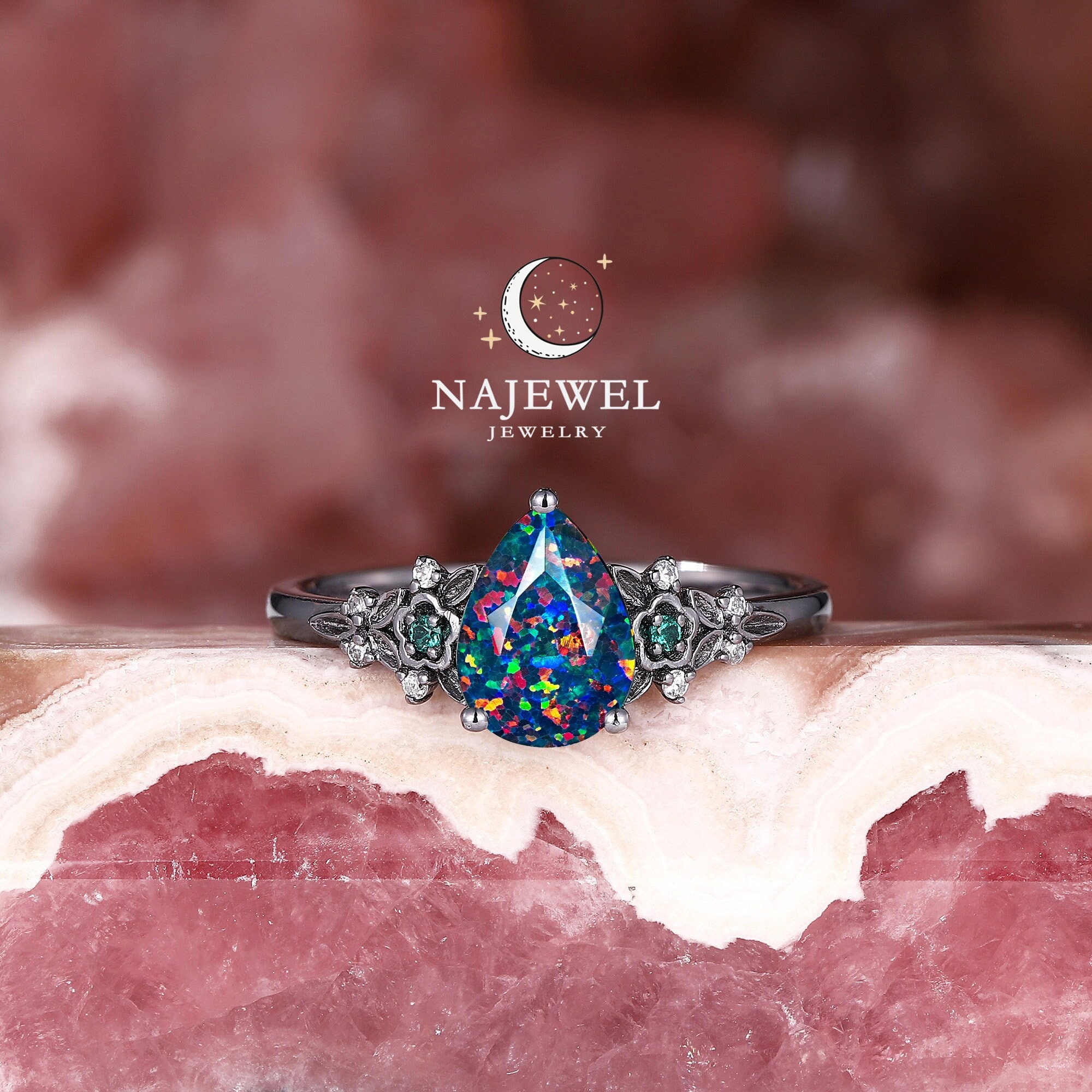 Faceted Black Fire Opal and Diamond Engagement Ring, Rhodium 14K Black Gold Emerald Wedding Ring, Gothic Pear Black Opal Witchy Promise Ring