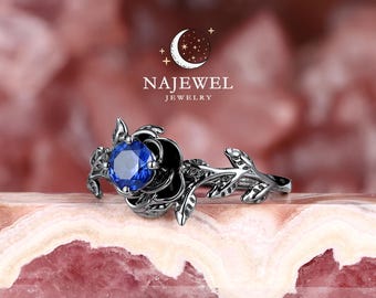 ゴールド サファイア ソリティアリング ブラックゴールド コーンフラワーブルーサファイア ソリティア