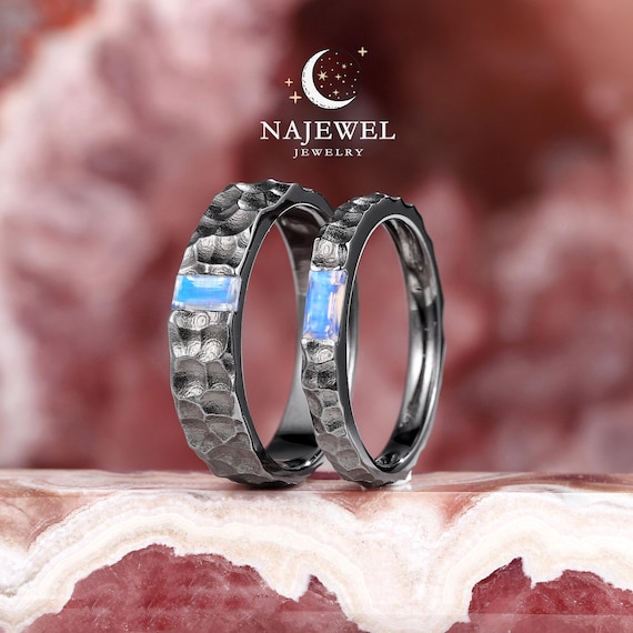 Matching Rhodium Band Ring Hammered Gothic Black Gold Baguette Cut