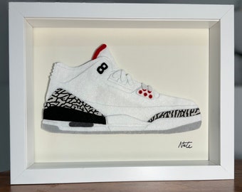Handmade Felt Sneaker Art • J3 White Cement • Framed Sneaker Wall Art • Unique Gift for Sneakerheads • Home Decor • Made by Nate