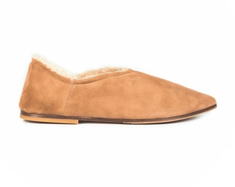 Handmade Suede Pointed Toe Flats, Elegant Shearling Slip-on Flats, Made in Italy Leather Shoes, Women Shoes Designed in Milan, Premium Flats