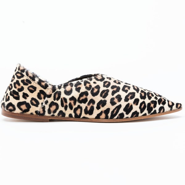 Handmade Leather Pointed Toe Flats, Leopard Cavallino Shoes, Animalier Design Flats, Made in Italy Cavallino Leather Shoe, Premium Ballet