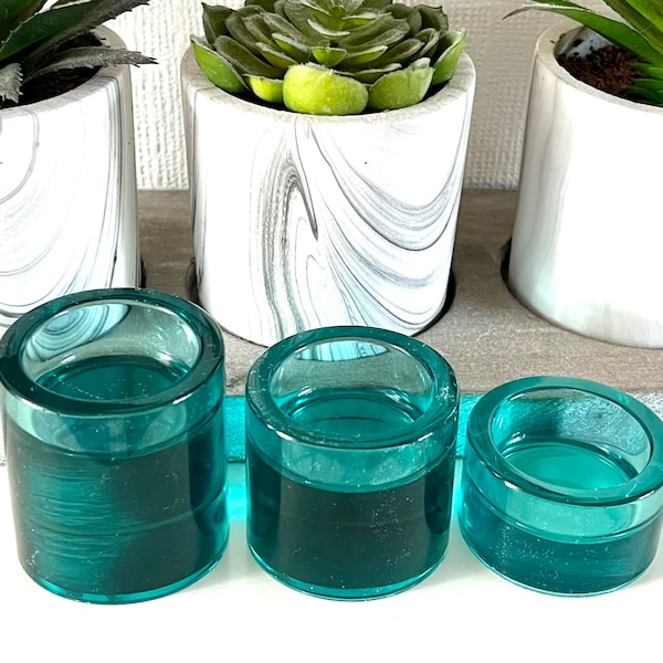 Teal Blue Green Tea Light Candle Holders set of 3 Resin Homeware for Battery Operated Candles (Included)