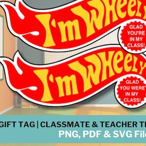 Carros de corrida Flaming Tires, etiqueta de presente do ano do amigo da escola, professor e colega de classe | Wheely Wheelie, feliz na minha classe, obrigado | Imprimível, faça você mesmo