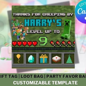 May include: A rectangular digital party favour tag template featuring a pixelated green background with the text "THANKS FOR CREEPING BY HARRY'S LEVEL UP TO 9". It includes pixelated game characters, red hearts, food icons, and a bottom inventory bar with a balloon, diamond, gift, cake, and party hat.