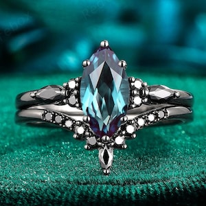 Gothic Marquise Alexandrite Engagement Ring Set, Rhodium Black Gold June Birthstone Witchy Bridal Set, Color Change Alexandrite Promise Ring