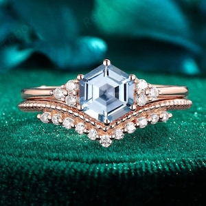 Hexagon Natural Blue Aquamarine Engagement Ring Set 14K Rose Gold March Birthstone Bridal Set Vintage Milgrain Promise Wedding Ring for Her