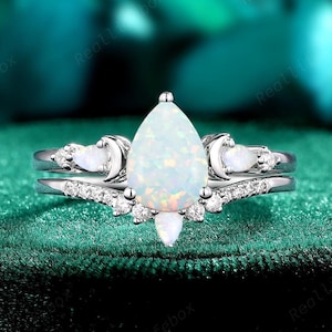 Pear Cut White Opal Celestial Engagement Ring 14K White Gold Color Change Opal Bridal Set Crescent October Birthstone Promise Ring for Women