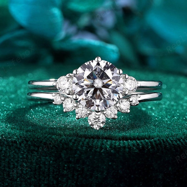 Vintage Round Gray Moissanite Engagement Ring Set Grey Moissanite Cluster Bridal Set Unique 14K White Gold Promise Wedding Ring for Women