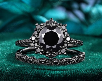 Gothic Round Shape Black Moissanite Bridal Set, Vintage Rhodium Black Witchy Engagement Ring Set, Halo Black Gold Promise Wedding Ring Set