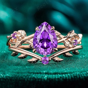 Pear Cut Purple Sapphire Engagement Ring Set 14K Rose Gold September Birthstone Bridal Set Fantasy Twig Leaf Amethyst Wedding Ring for Women