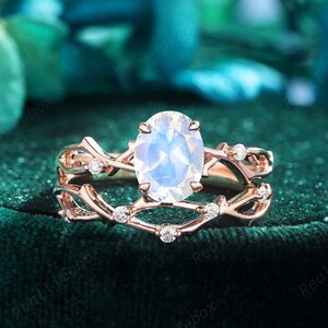 1CT Oval Cut Moonstone Engagement Ring Set, Vintage Twig Branch Moonstone Bridal Set, 14K Rose Gold June Birthstone Promise Wedding Ring